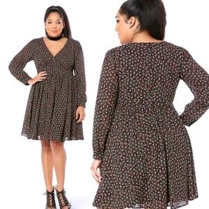 Torrid dress Black Floral Print V Neck Long Sleeve Fit Flare Dress Size 12